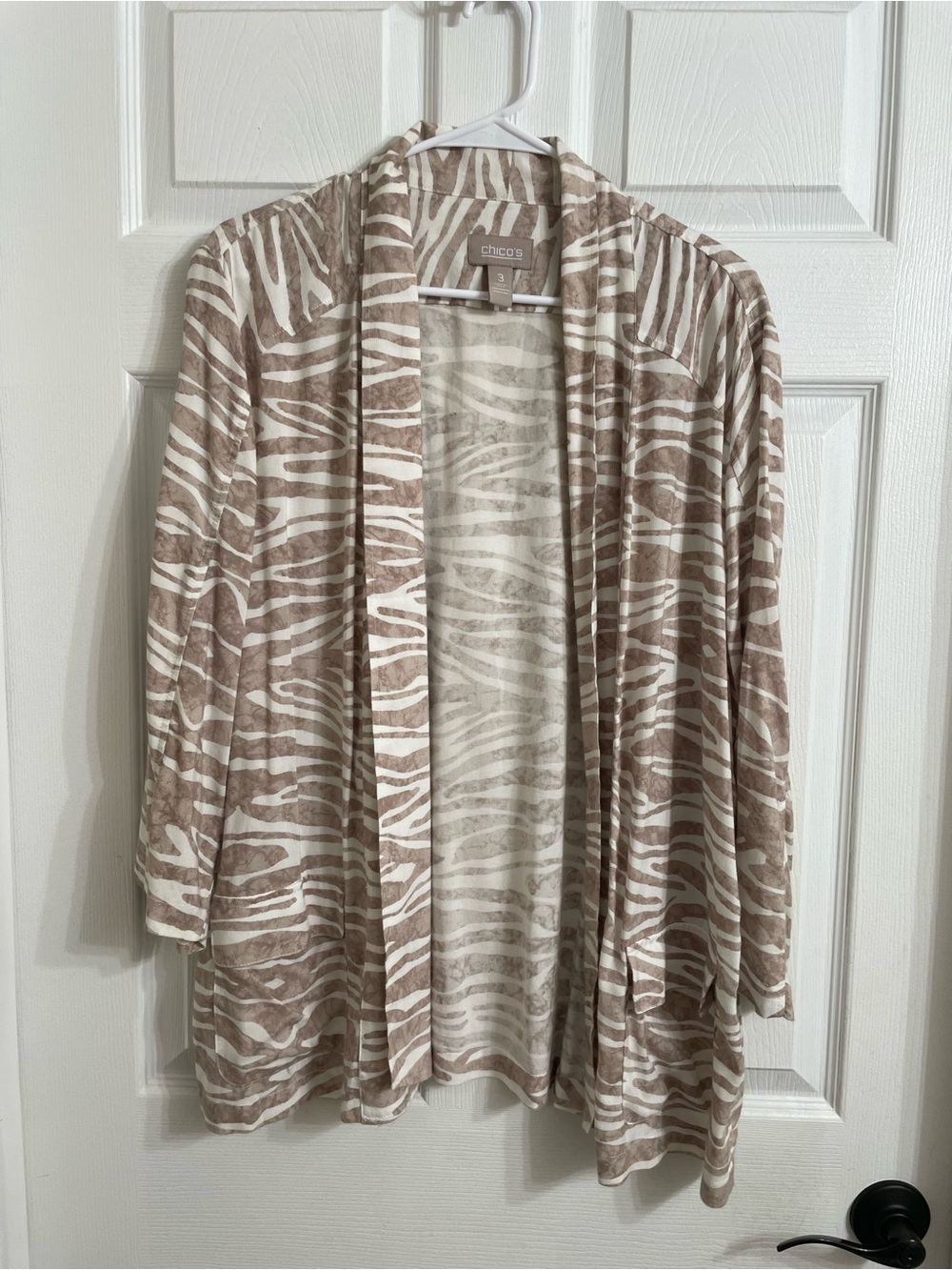 Chico's Taupe & Cream Open-Front Zebra Cardigan with pockets size3/ XL